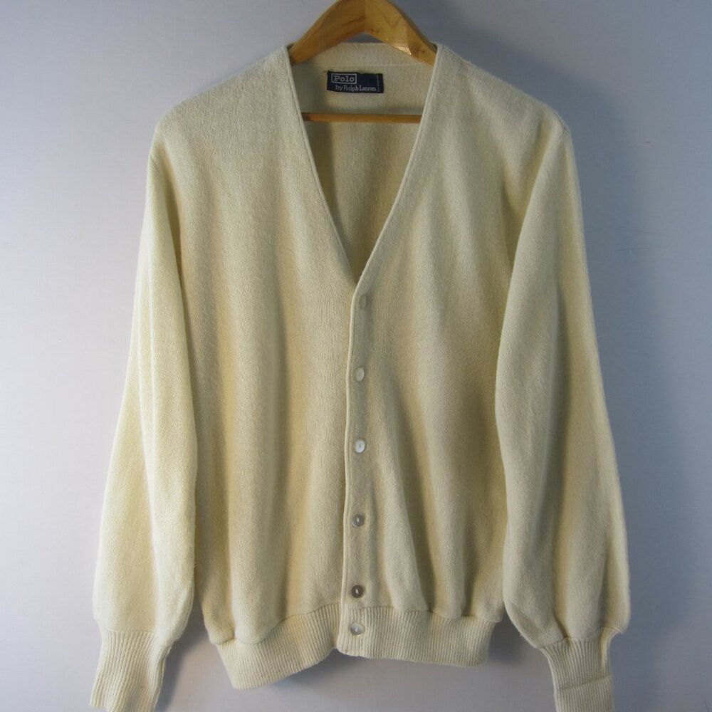 Vtg Polo Ralph Lauren Men XL Ivory Cream LS V Neck Cardigan Acrylic Golf 52"